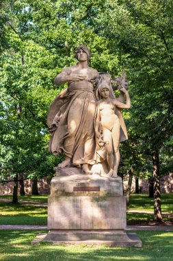 Prague, Czech republic - 08 02 2022: sculpture of slavic mythical figures - statues of Lumir and Song on pedestal in Vysehrad garden