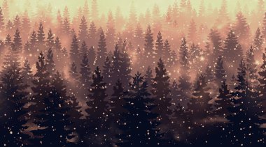 Köknar ağaçları ve düşen kar taneleri ile güzel bir kış ormanı.