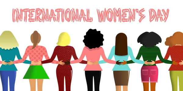 Dia Internacional Mulher Muitas Mulheres Estão Mãos Dadas Fundo Branco — Fotografia de Stock