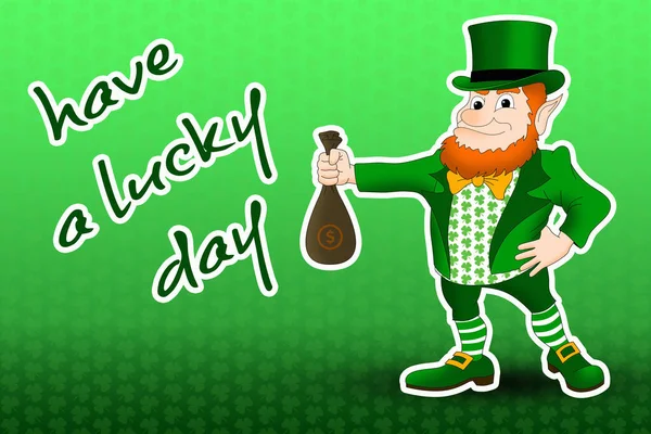 Patrick Day Kobold Grünen Anzug Mit Einem Sack Geld Auf — Stockfoto