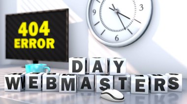 Webmaster 'ların 3 boyutlu illüstrasyon günü. Bağlantı hatası 404. 3D küplerde yazılan metin kapat.