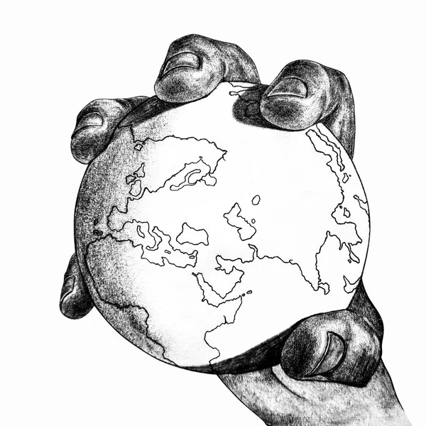 Mão Segura Planeta Terra Desenho Lápis Sobre Papel Branco Close — Fotografia de Stock