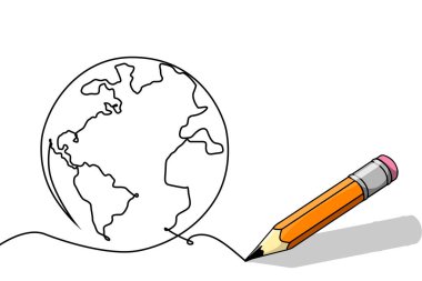 Dünya Çevre Günü. Kalem, Dünya gezegenini beyaz bir zemin üzerinde yakına çeker..