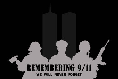 New York skyline silhouette with Twin Towers. 09.11.2001 American Patriot Day banner. NYC World Trade Center close up. Heroes.