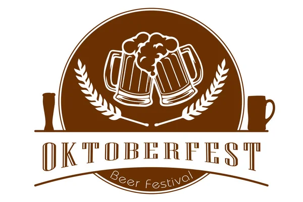 Oktoberfest logo, badge or label set. Beer festival poster or banner design elements. German festival signs. Stamp or seal with beer mugs and hops close up.