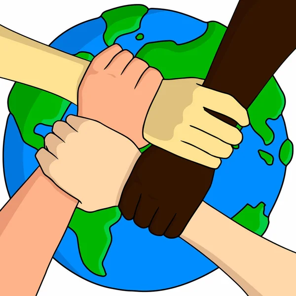 Peace Day. Hands holding each other of different race and different skin color close up.