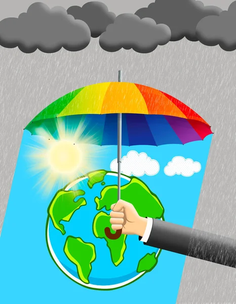 An umbrella protects the planet earth from a thunderstorm close up. Environmental Protection. Earth Day.