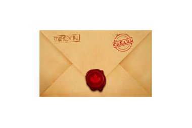 Beyaz arka planda Kanada mührü olan zarf. Kanada tatil kavramı.