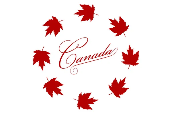 Kanadas Flagga Cirkel Gjord Lönnlöv Med Texten Kanada Vit Bakgrund — Stockfoto