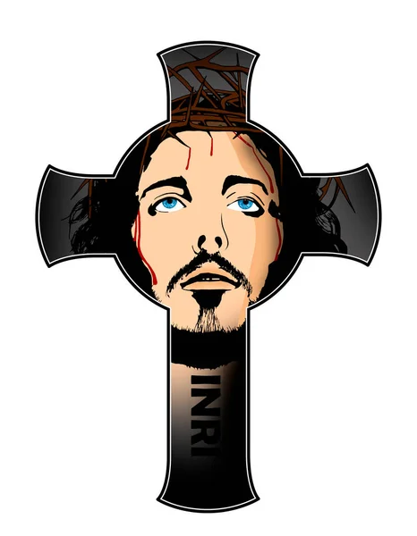 耶稣的脸在十字架上 宗教节日 在白色背景上交叉近视 — 图库照片