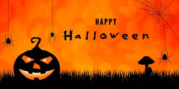 Buon Halloween Bandiera Arancione Halloween Con Ragno Zucca Pipistrelli Vicino — Foto Stock