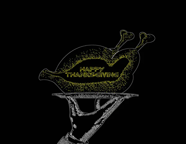 感謝祭だ 黒を背景にトレイの上に大きなロースト七面鳥 — ストック写真