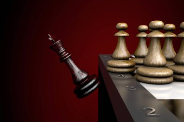 Satranç taşları 3 boyutlu çizim. Piyonlar kralın satranç tahtasından aşağı atıldı..
