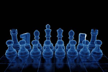 Satranç taşları 3 boyutlu çizim. Üzerinde ikili kod olan neon figürleri kapat.