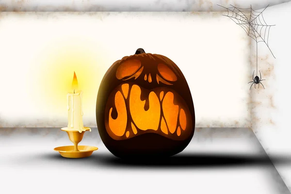 Halloween Van Szörnyű Tök Könnyű Háttérrel Gyertyákkal Közelben — Stock Fotó