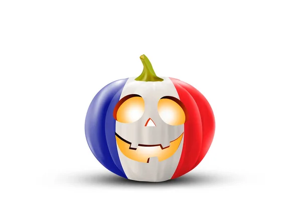 Halloween. The festive pumpkin is painted in the colors of the French flag. Pumpkin on a white background close up.