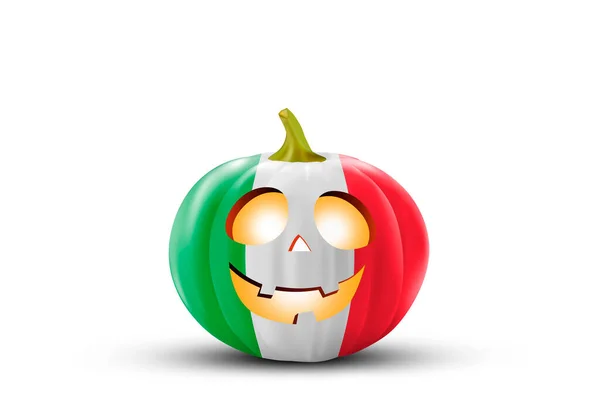 Halloween. The festive pumpkin is painted in the colors of the Italian flag. Pumpkin on a white background close up.