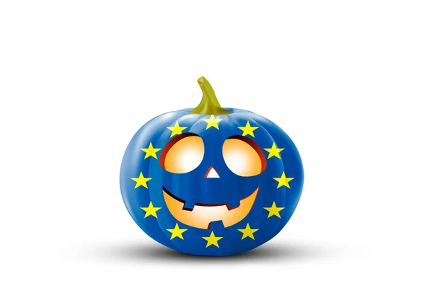 Halloween. The festive pumpkin is painted in the colors of the flag of the European Union. Pumpkin on a white background close up.