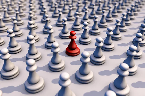 Illustration Von Schachfiguren Das Rote Stück Sticht Unter Den Vielen — Stockfoto