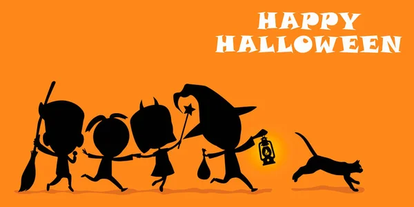Halloween Van Sok Gyerek Halloweeni Jelmezben Narancssárga Alapon Közelről — Stock Fotó
