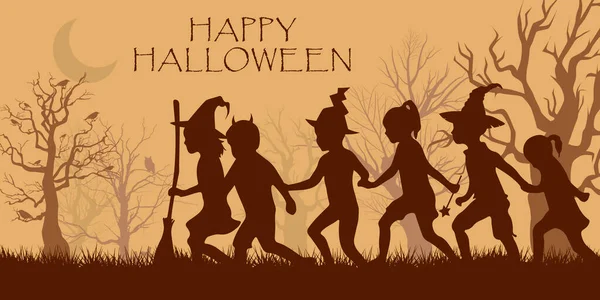 Halloween Van Sok Gyerek Halloweeni Jelmezben Narancssárga Alapon Közelről — Stock Fotó
