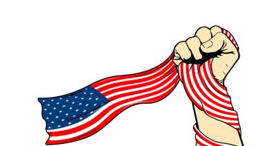 Bir el beyaz arka planda Amerikan bayrağını tutuyor..
