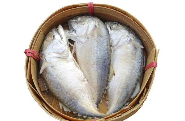 Tre makrill fisk i korg på vit bakgrund — Stockfoto