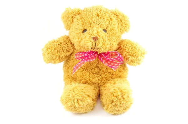 Teddy Bear-fehér alapon, rózsaszín szalaggal — Stock Fotó