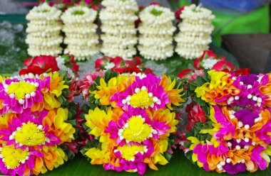 Beyaz Yasemin garland üzerinde çok renkli Yasemin çelenk