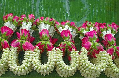 Yasemin garland ile muz yaprağı üzerinde pembe Gül