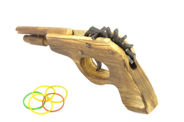 Wooden Catapult Gun with rubber on white background — Stock Photo, Image