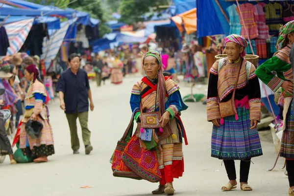 Bac ha，越南-sep 11： 花 h'mong 土著妇女的身份不明的女子是行走和卖袋纪念品市场在 2010 年 9 月 11 日在 bac 公顷，越南. — 图库照片