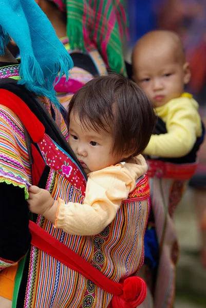 BAC HA,VIETNAM - SEP 11:Unidentified children of the flower H'mong indigenous women were carried by mom at market on September 11, 2010 in Bac ha, Vietnam. — Stock Photo, Image