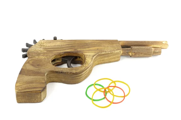 Wooden Catapult Gun with rubber on white background — Stock Photo, Image