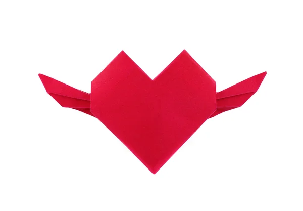 Origami rosso cuore di carta con altalena su sfondo bianco — Foto Stock