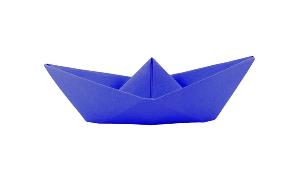 Origami blue paper boat pada latar belakang putih — Stok Foto