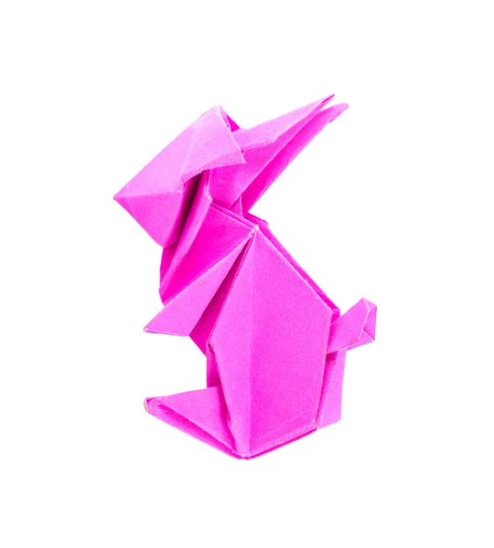 Růžový králík origami z papíru na bílém pozadí — Stock fotografie