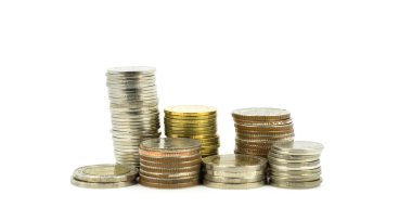 madeni para destesi Tayland Bahtı beyaz zemin üzerine adım.