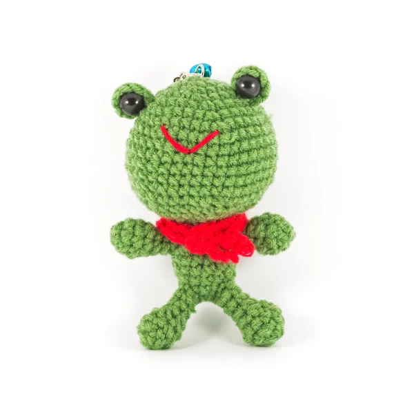 Handmade crochet green frog doll on white background — Stock Photo, Image