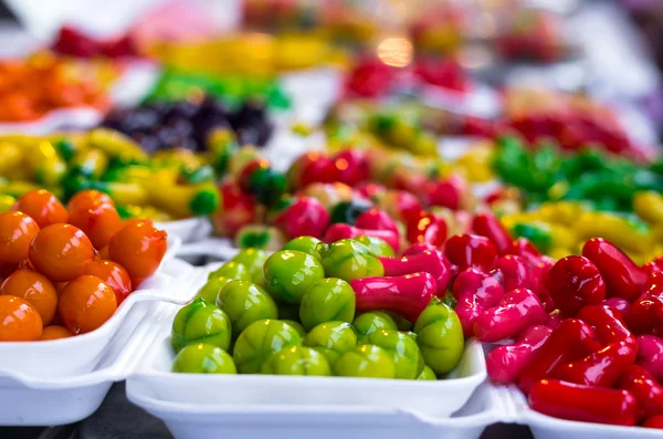 Many Deletable imitation fruits on the box, Traditional Thai Des — Stock Photo, Image