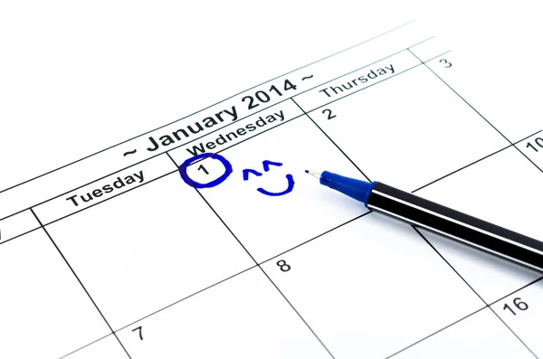 Círculo azul com sorriso. Marcar no calendário em 1St Janeiro 2014 — Fotografia de Stock