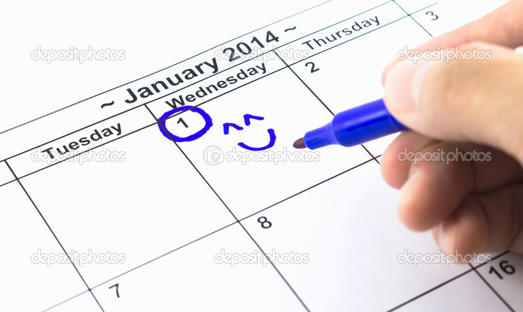 Blue check. Circle on the calendar at 1St January 2014, new year