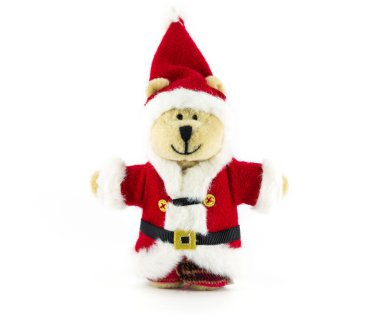 oyuncak ayı santa şapka üzerinde beyaz backgrou izole kırmızı takım elbise ile