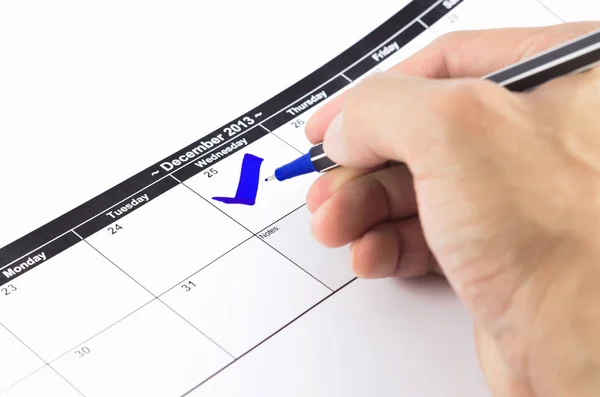 Blue check. Mark on the calendar at 25 December 2013 — Stock Photo, Image
