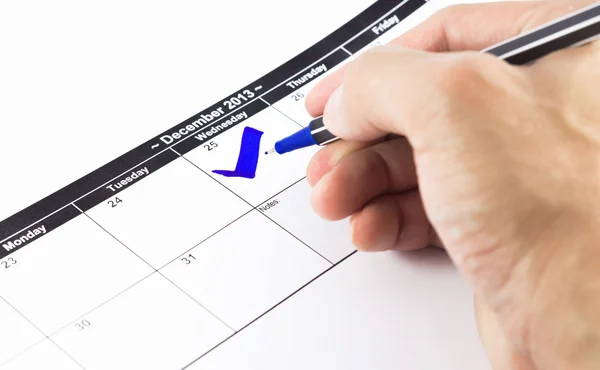 Blue check. Mark on the calendar at 25 December 2013 — Stock Photo, Image