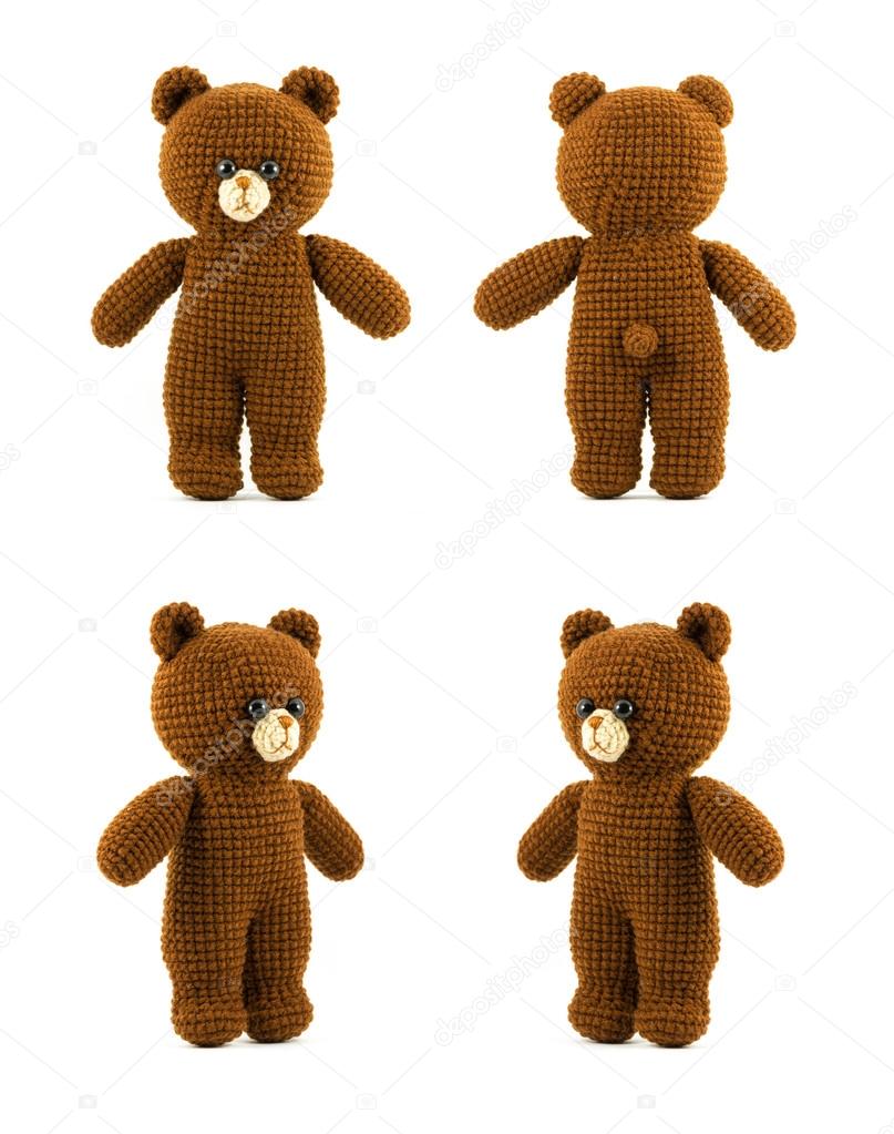 handmade crochet brown bear doll on white background, four side
