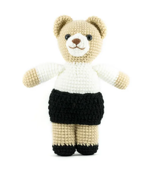 Handmade crochet teddy bear doll on white background, front side — Stock Photo, Image