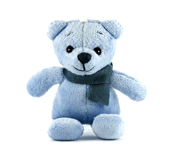 Teddybär blaue Farbe mit Schal auf weißem Hintergrund — Stockfoto