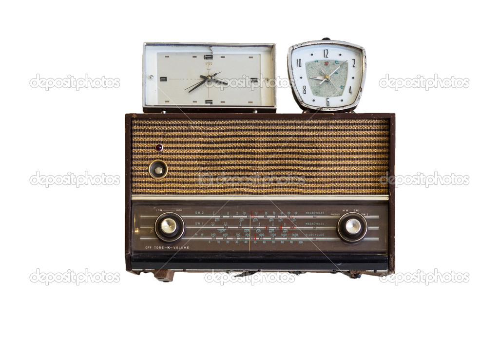 oldie radios and clock on white background