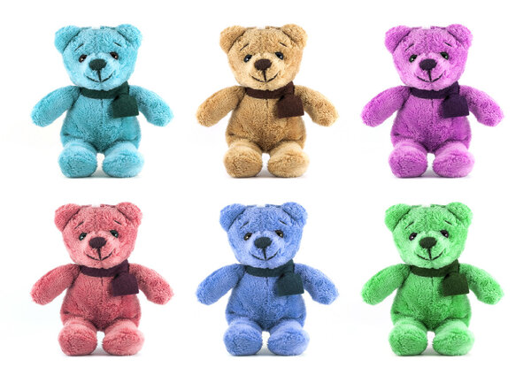 set of six color TEDDY BEAR with scarf on white background